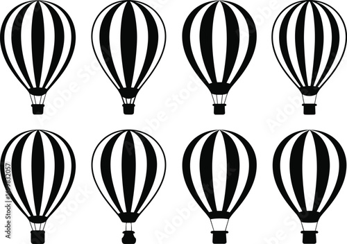 Collection of eight black and white hot air balloon illustrations
