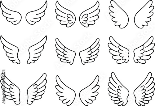Collection of hand drawn angel wings in various styles