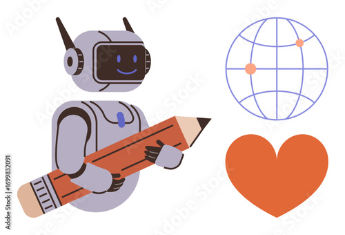 Robot holding large pencil symbolizing creativity, global network indicating communication, and heart for compassion. Ideal for creativity, AI, learning, innovation, teamwork, connection and care