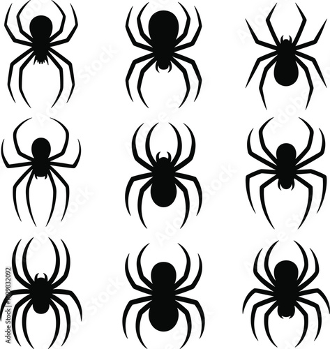Collection of nine black spider silhouettes in a grid pattern