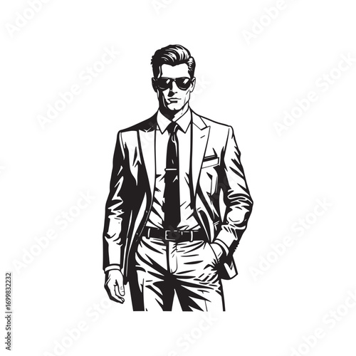 Full body illustration of a handsome man in a suit and sunglasses. Stylish black and white vector sketch of a confident businessman walking.
