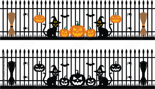 Halloween fence decorations featuring black cats pumpkins and bats