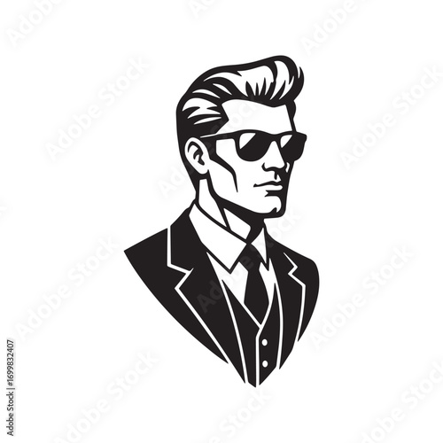 Stylish man with sunglasses and cool hairstyle in a suit. Vector logo silhouette of a handsome businessman or gentleman for branding.
