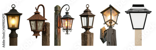 Outdoor lantern and lamp set including post-top, wall-mount, modern, and antique designs isolated. Architectural and landscape design elements.