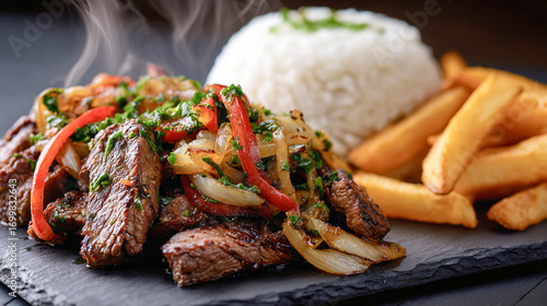 Lomo saltado peruano con carne salteada, cebolla, pimiento, papas fritas y arroz blanco servido en plato de pizarra