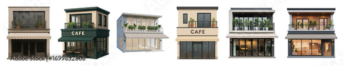 Modern cafe and shop building set including diverse facades, awnings, and balconies isolated. Architectural design and retail property collection.