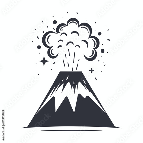 Stylized Cartoon Volcano Erupting with Smoke and Debris on White Background