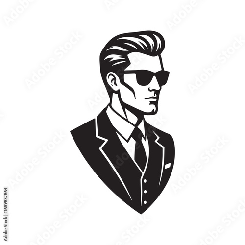 Stylish man with sunglasses and cool hairstyle in a suit. Vector logo silhouette of a handsome businessman or gentleman for branding.
