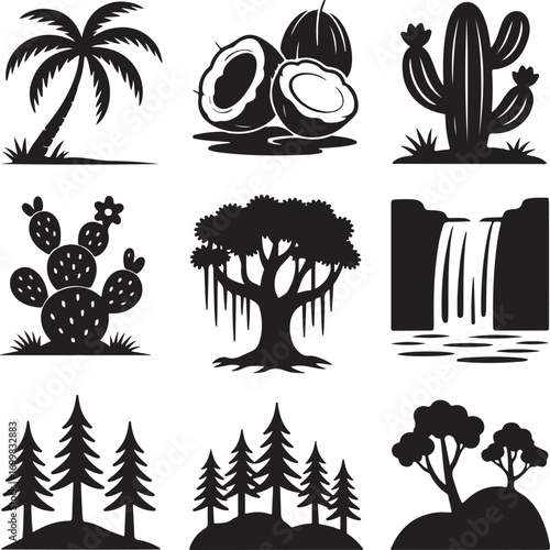 Collection of black silhouette nature and tropical icons Keywords: palm tree, coconut, cactus