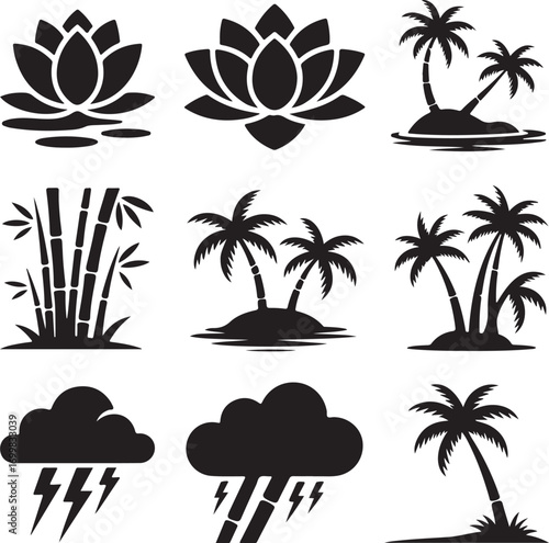 Collection of black silhouette nature and tropical icons Keywords: lotus flower, water lily, palm
