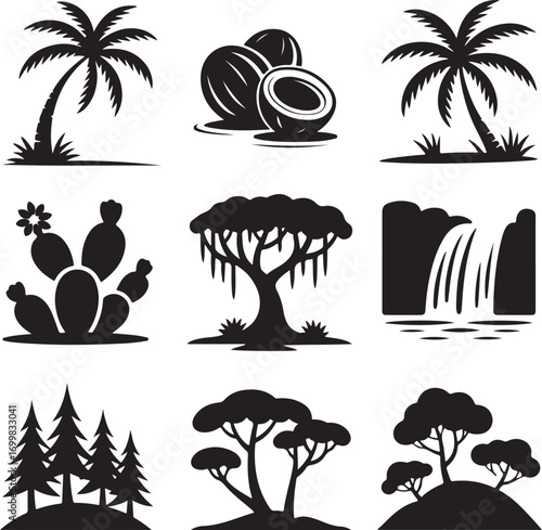 Collection of black silhouette nature and tropical icons Keywords: palm tree, coconut, cactus