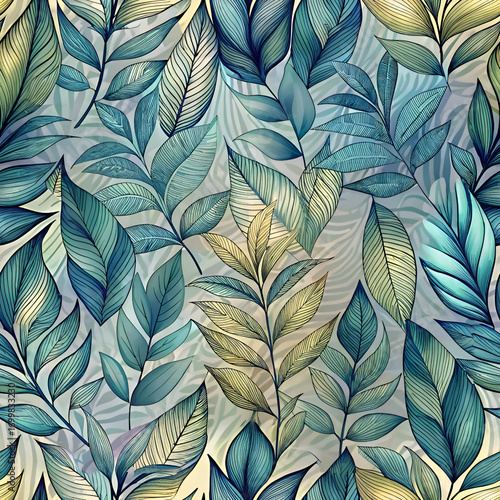 Abstract botanical pattern with teal and gold foliage. Intricate leaf designs over a light gray background with a subtle animal print texture.