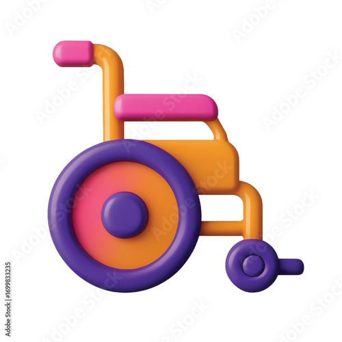 3D rendering of a colorful wheelchair with purple wheels and pink and orange frame.