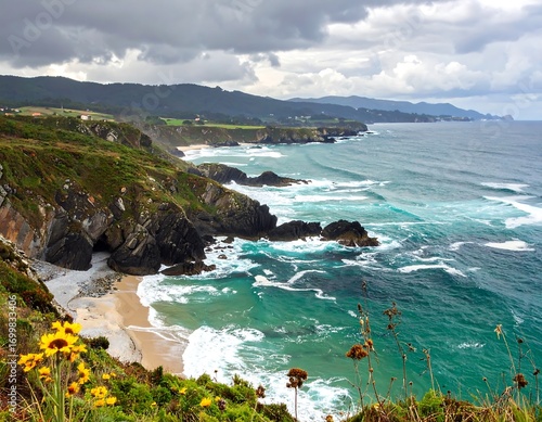Wallpaper Mural Scenic coastal landscape with rugged cliffs, turquoise water and cloudy sky Torontodigital.ca