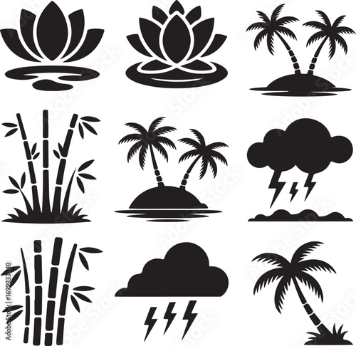 Collection of black silhouette nature and tropical icons Keywords: lotus flower, water lily, palm