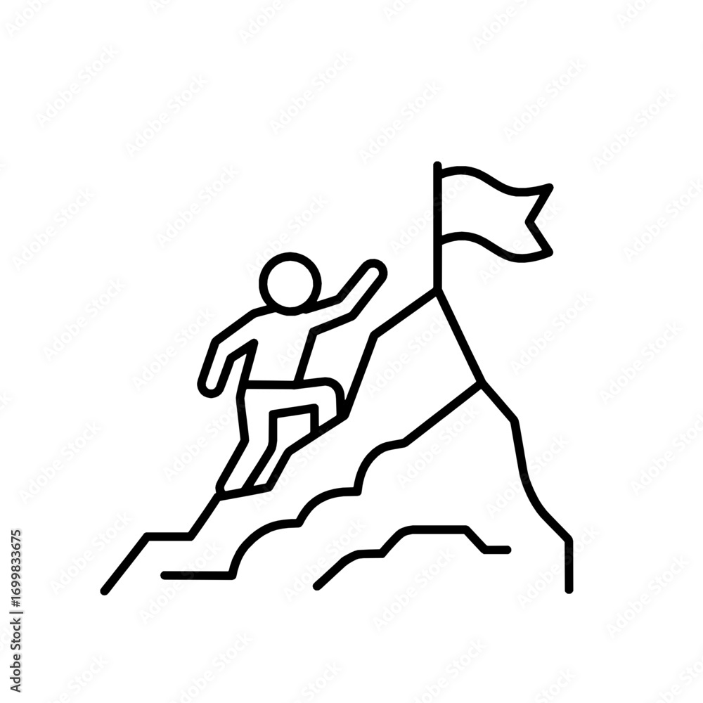 Fototapeta premium Leadership and ambition concept icon of a person climbing a mountain to reach a goal flag on the peak