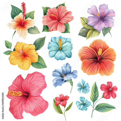 Fresh hibiscus flowers in various colors and styles for decorative use in design projects