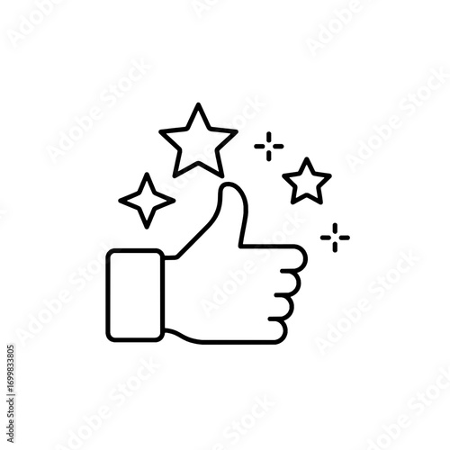 Modern line icon depicting a thumbs up gesture with sparkling stars, representing positive feedback, high rating, and excellent service