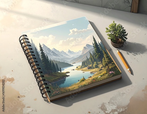 Wallpaper Mural Scenic landscape sketch on notepad with pencil and miniature tree, creating calm mood Torontodigital.ca