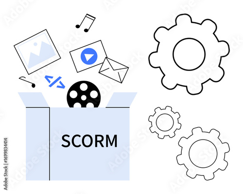 Open SCORM box with multimedia icons including video, audio, coding, mail, gears symbolizing automation, functionality. Ideal for eLearning, course creation, technology education training tools