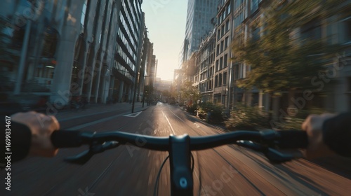 Cyclist pedaling urban streets during golden sunrise, experiencing morning energy and city awakening through personal lens