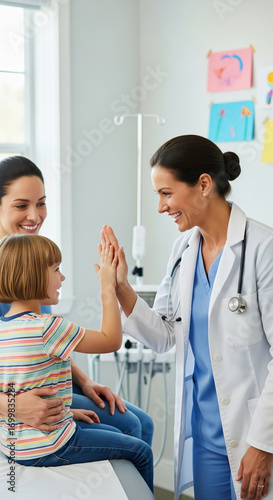 Happy family medicine physician in uniform giving high five to cute child, child smiling, sitting with mother during doctor visit. Trust, pediatric care, stress-free medical support, family doctor