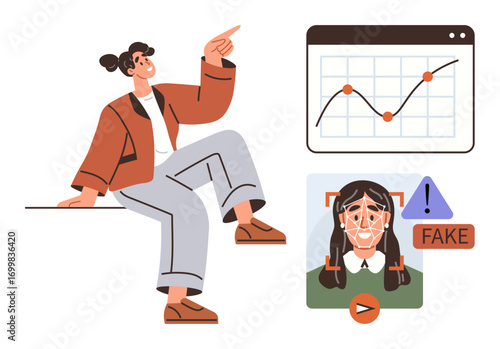 Woman gesturing confidently, data chart analyzing trends, face scan identifying fake content, and alert warning. Ideal for technology, AI, cybersecurity, education, ethics analytics innovation