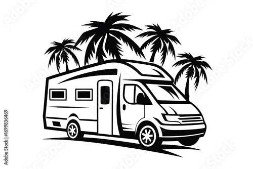 Vintage Campervan with Palm Trees, Sunshine and Retro Landscape