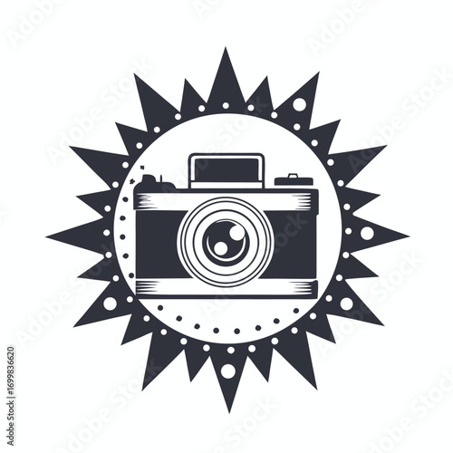 Vintage Style Camera Silhouette with Spiked Circle on White Background