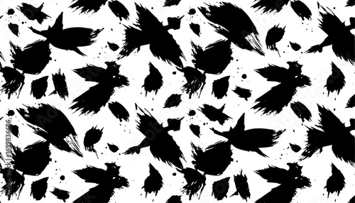 Abstract grunge vector black pattern background with expressive brush strokes and splatters for creative design, modern texture and artistic projects.