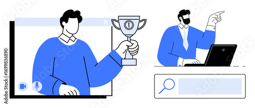 Man holding trophy emerging from video call screen, professional pointing at laptop, search bar in foreground. Ideal for teamwork, competition, leadership, growth, achievement, collaboration simple