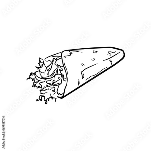 Line art drawing of a delicious burrito with fillings spilling out.