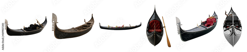 Obraz premium Gondola boat set including multiple views, black, red, and wood versions isolated. Venice travel and Italian tradition.