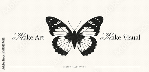 Trendy design poster with halftone butterfly. Stipple or dotwork effect. Grainy moth in y2k style. Retro photocopy. Motivation slogan. Vector illustration art