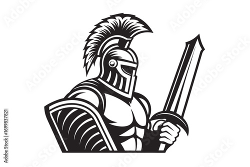 Warrior with Sword Illustration, Muscular Build with Protective Shield