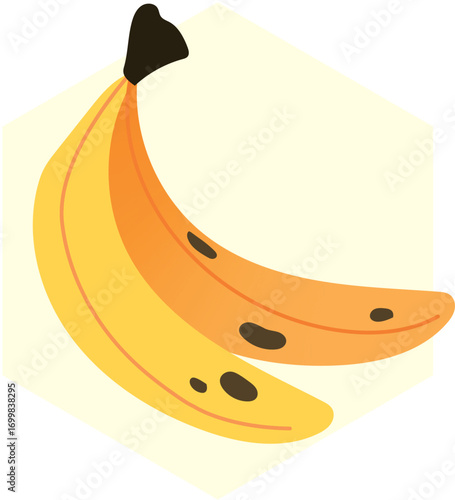 Cartoon Ripe Bananas with Brown Spots – Vector Illustration
A vector illustration of two ripe bananas with brown spots, drawn in a flat cartoon style on a light hexagonal background. 