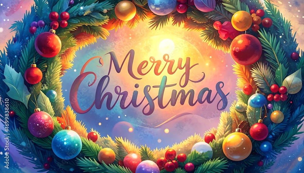 Naklejka premium Merry Christmas Wreath with Festive Ornaments and Glowing Lights.