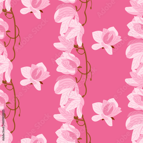 Seamless pattern with blooming magnolia flowers and branches in soft pink tones on a bright background. Elegant floral concept representing beauty, spring and natural harmony
