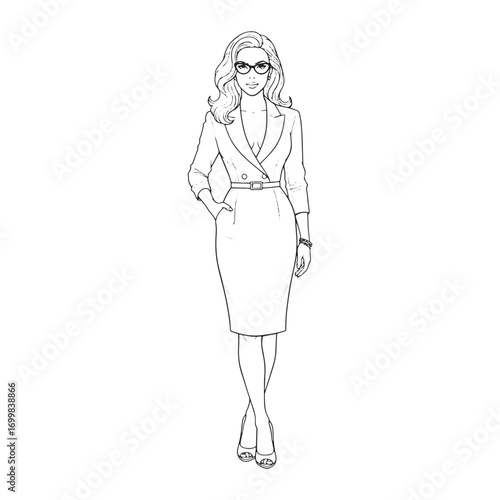 Celebrity portrait line art illustration of a beautiful famous actress. Black and white fashion sketch of a glamorous woman in an elegant business dress for a coloring page.
