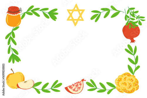 Hand drawn Rosh Hashanah banner with apples, honey, pomegranate, challah and Star of David. Concept of Jewish New Year, tradition, celebration and holiday symbols