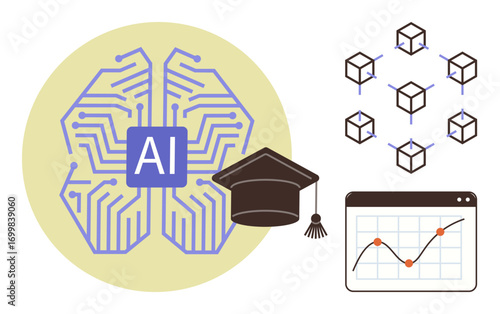 Neural brain circuit with AI label, digital blockchain network, graduate cap, and data chart with upward trend. Ideal for education, AI research, machine learning, data analysis, technology