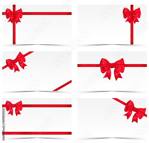 Blank Gift card set with red bow and ribbon. Holiday voucher templates with shiny satin bow decoration. Christmas, New Year, birthday, wedding, Valentine present design isolated on white background