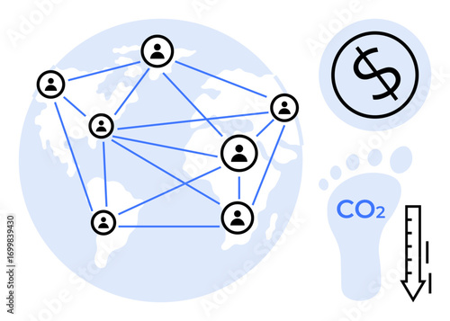 Globe with interconnected people, dollar sign, CO2 footprint, and thermometer. Ideal for globalization, teamwork, eco-friendly practices, innovation, sustainability economy digital communication