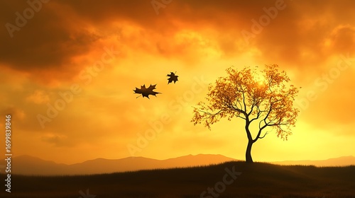 Golden Autumn Landscape with Falling Leaves