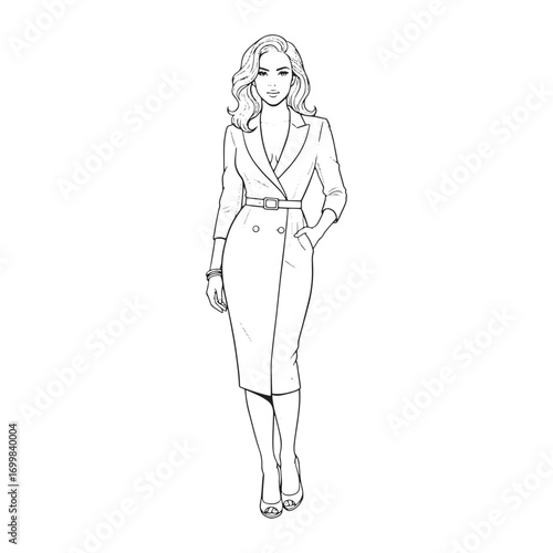 Celebrity portrait line art illustration of a beautiful famous actress. Black and white fashion sketch of a glamorous woman in an elegant business dress for a coloring page.
