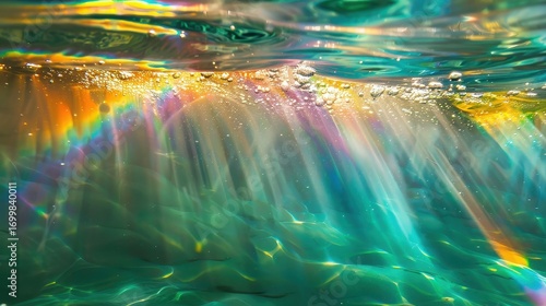 Fototapeta Naklejka Na Ścianę i Meble -  Underwater sunlight creates a rainbow effect in the ocean water surface