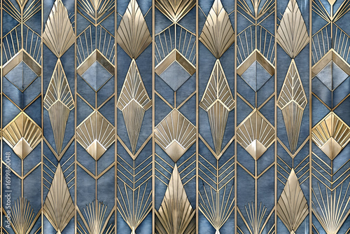 Art Deco style geometric pattern in deep blue and gold. Repeating vertical panels with stylized feather and diamond motifs. showcasing intricate lines and shapes.