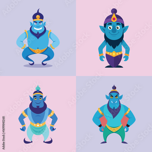 Four Cartoon Genie Characters:  Playful, Colorful, Flat Design, Arabian Nights Theme,  Fantasy Illustration.