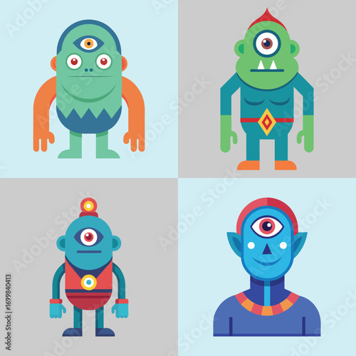 Friendly Flat-Design Cyclops Monsters: Playful, Colorful Characters for Kids' Content