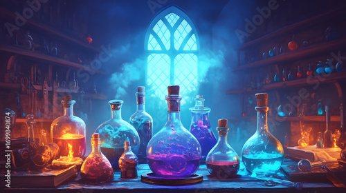 Magical Potion Bottles Glowing On Alchemy table